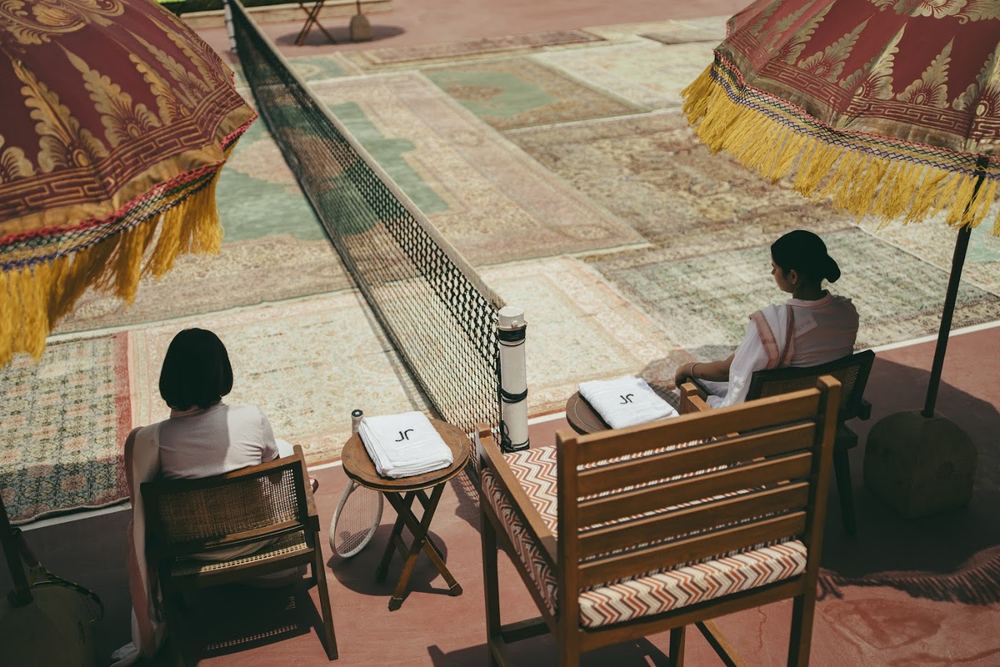 Carpeted tennis court campaign shoot